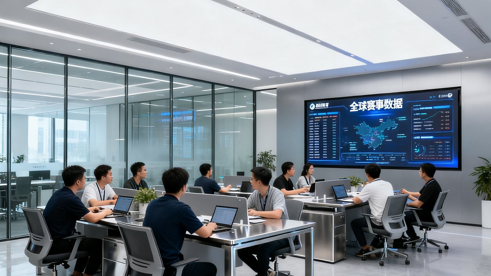 熊猫体育深圳总部开放式办公区实景，现代化科技公司氛围，大屏幕实时滚动全球赛事数据，团队协作场景自然真实