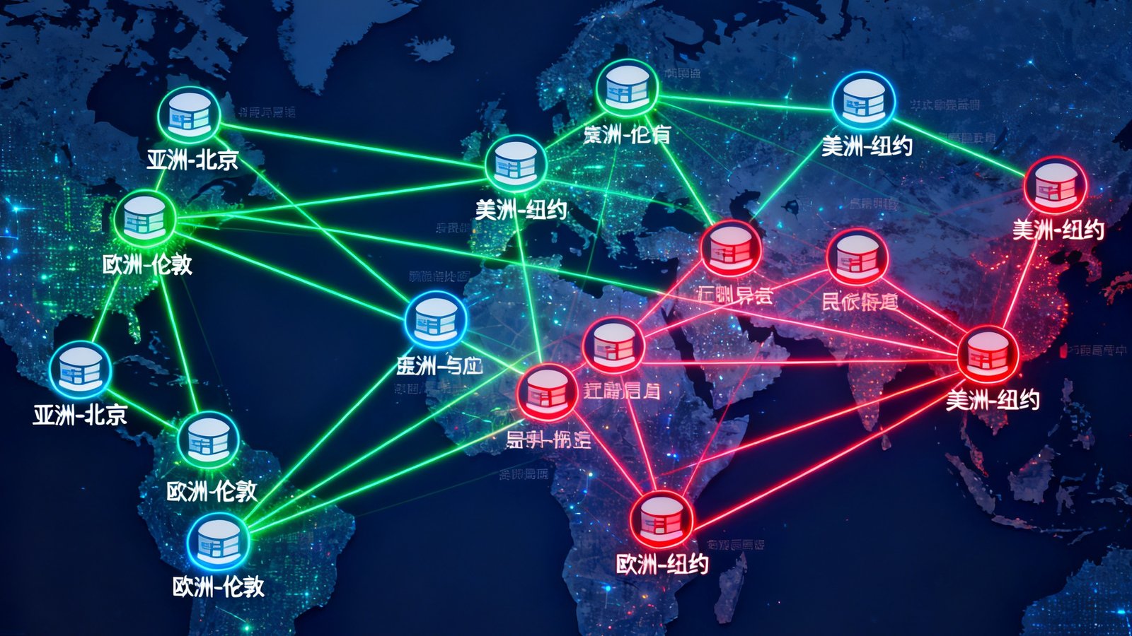 熊猫体育全球赛事数据采集节点分布地图，展示六大洲28个数据中心的网络拓扑结构，用霓虹色彩标注实时连接状态