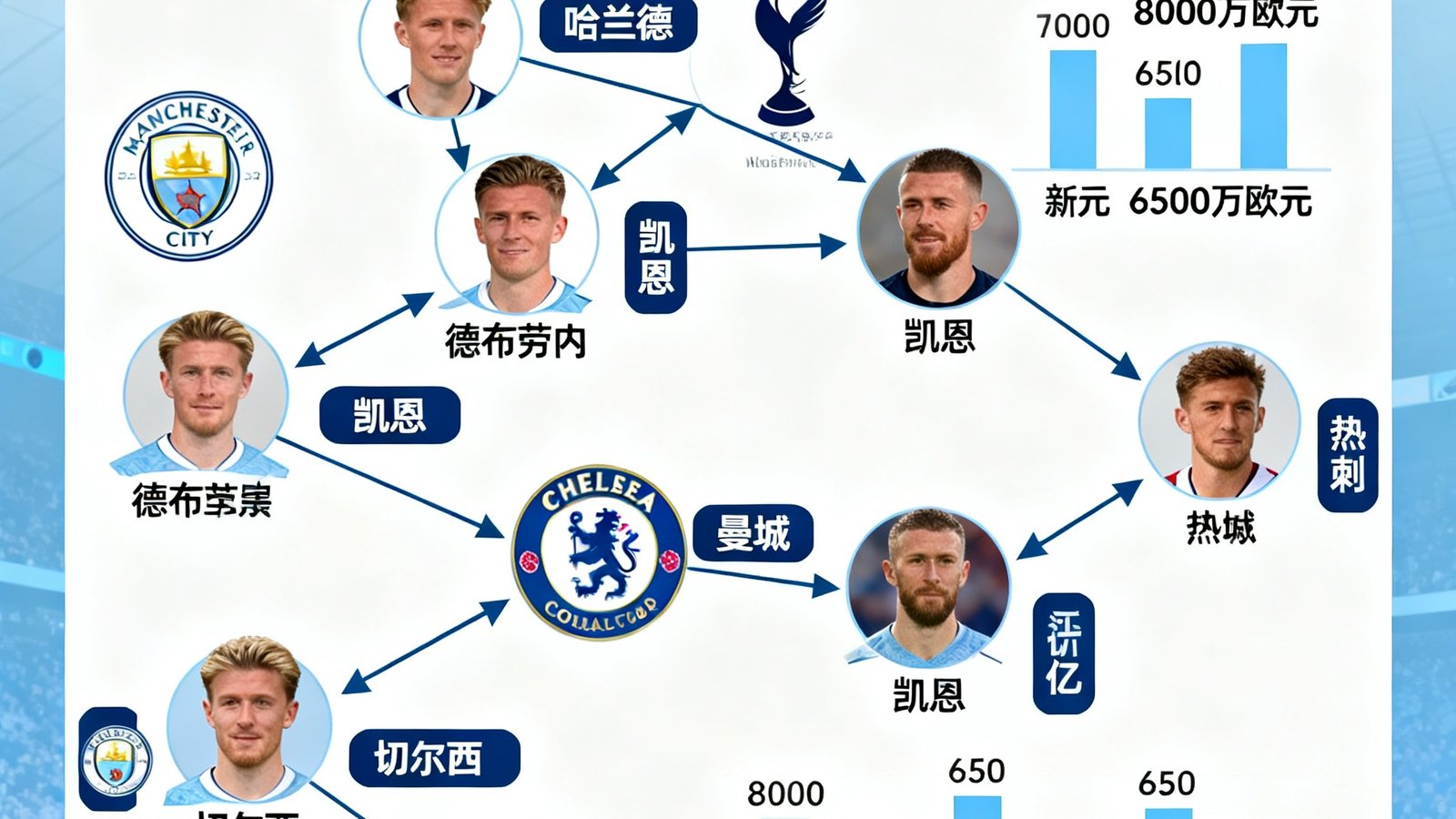 英超夏季转会窗重磅交易分析封面，展示多位球星转会去向的流程图和转会费数据可视化