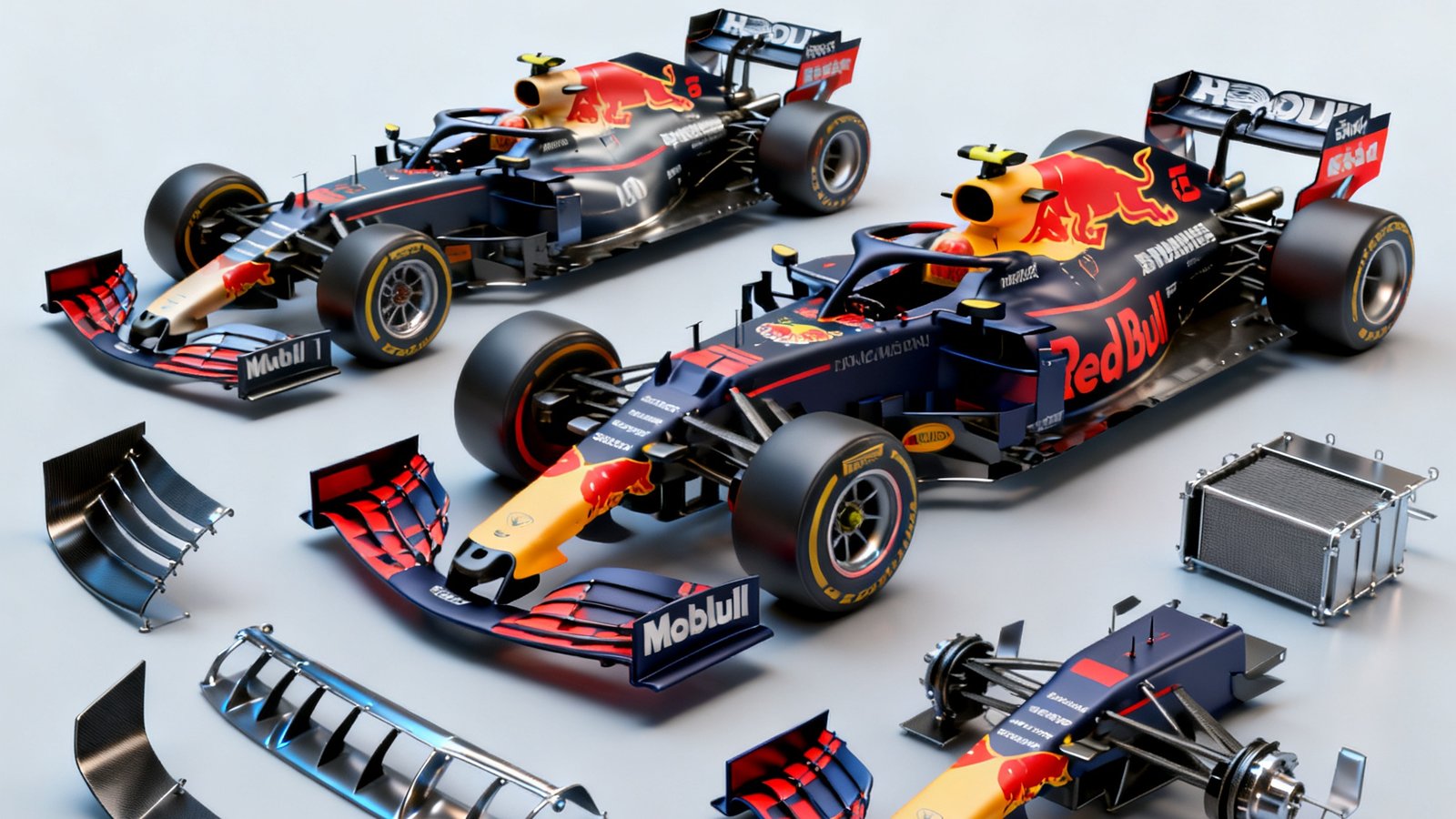 F1赛季中段各车队技术升级解读封面，展示赛车空气动力学套件的3D渲染对比图